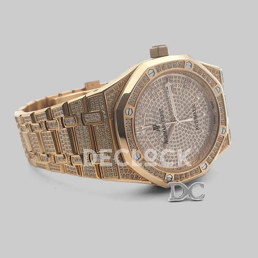 Replica Audemars Pigeut Royal Oak 41mm 15402OR Full Diamond Paved In Pink Gold on Bracelet | Declock.