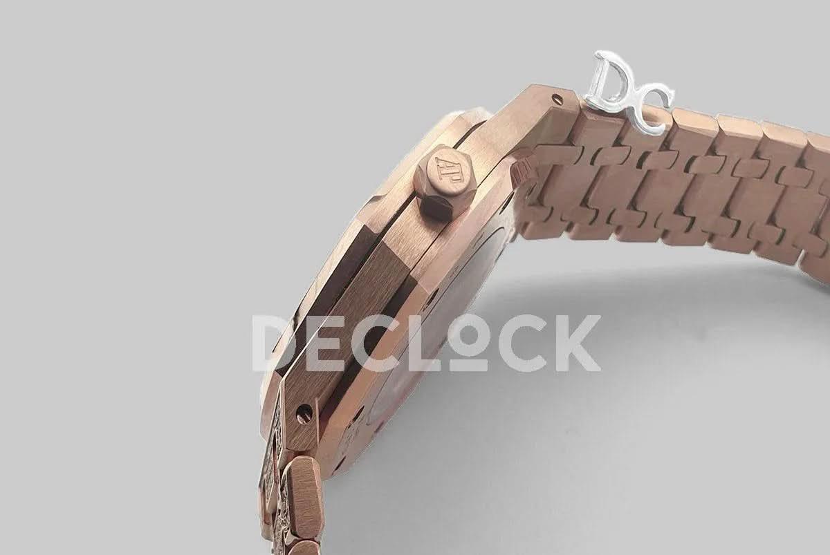 Replica Audemars Pigeut Royal Oak 41mm 15402OR Full Diamond Paved In Pink Gold on Bracelet |  Declock.