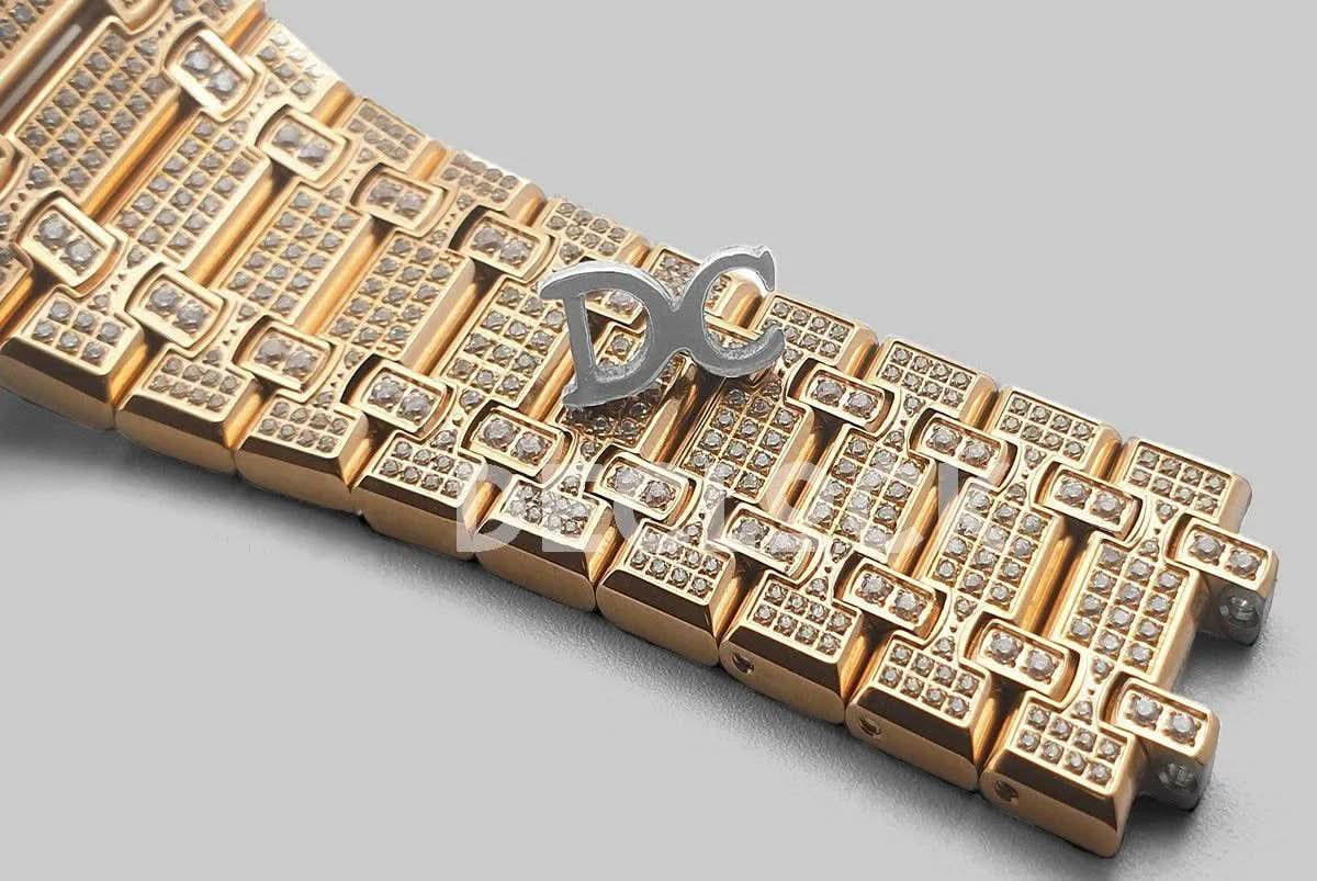 Replica Audemars Pigeut Royal Oak 41mm 15402OR Full Diamond Paved In Pink Gold on Bracelet |  Declock.