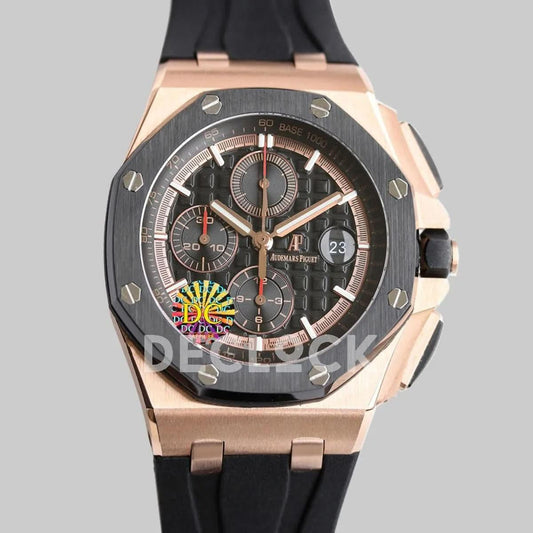 Replica Audemars Pigeut Royal Oak Offshore Novelty 44mm Black Dial in Rose Gold |  Declock.