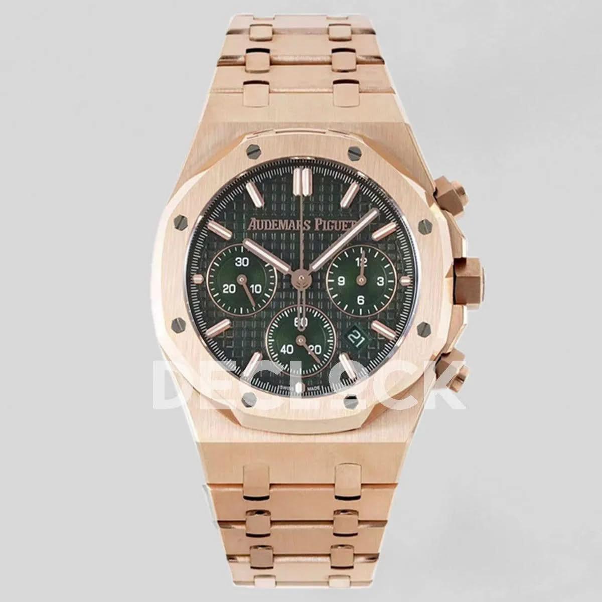 Replica Audemars Pigeut Royal Oak Self-Winding Chronograph Green Dial in Rose Gold |  Declock.