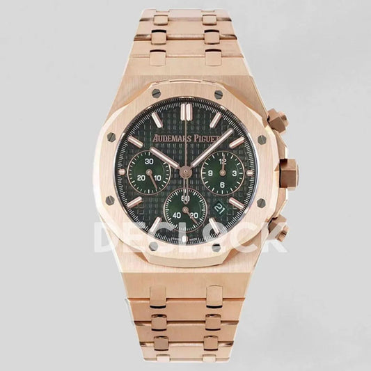 Replica Audemars Pigeut Royal Oak Self-Winding Chronograph Green Dial in Rose Gold |  Declock.