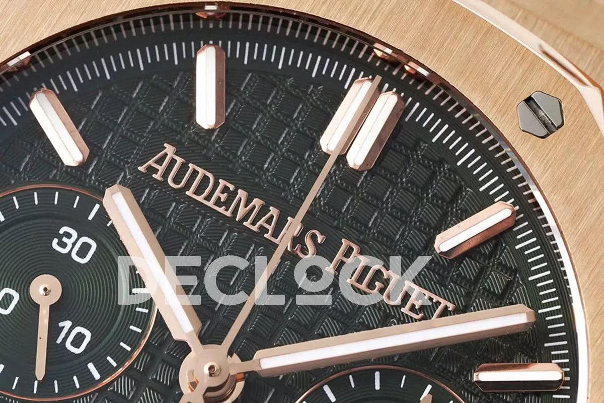 Replica Audemars Pigeut Royal Oak Self-Winding Chronograph Green Dial in Rose Gold |  Declock.