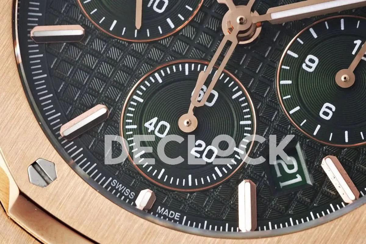 Replica Audemars Pigeut Royal Oak Self-Winding Chronograph Green Dial in Rose Gold |  Declock.