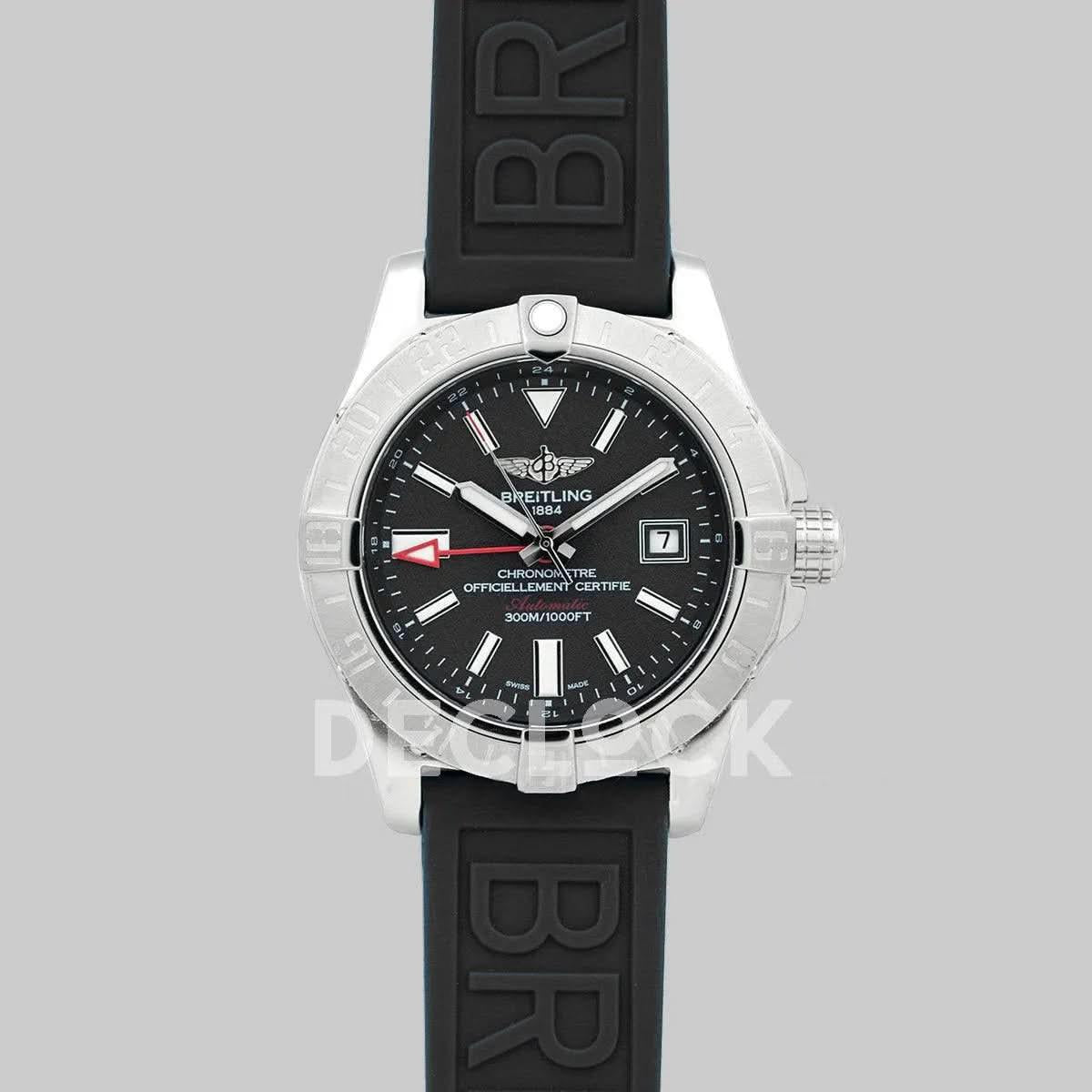 Replica Breitling Avenger II GMT Black Dial in Steel on Rubber Strap |  Declock.