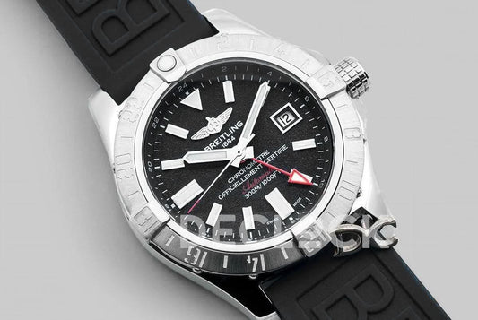 Replica Breitling Avenger II GMT Black Dial in Steel on Rubber Strap |  Declock.