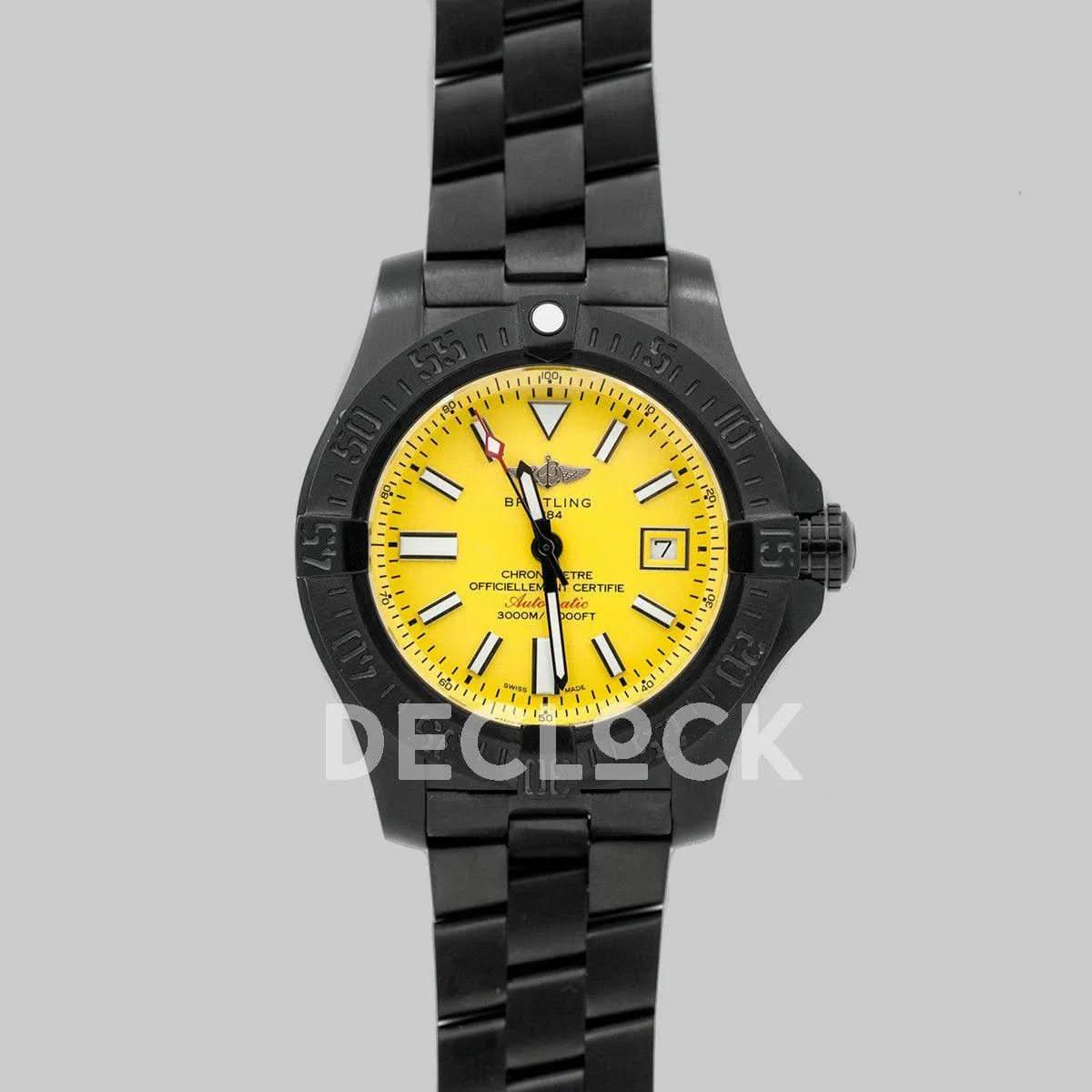 Replica Breitling Avenger II Seawolf Blacksteel Yellow Dial in DLC Steel on Bracelet |  Declock.