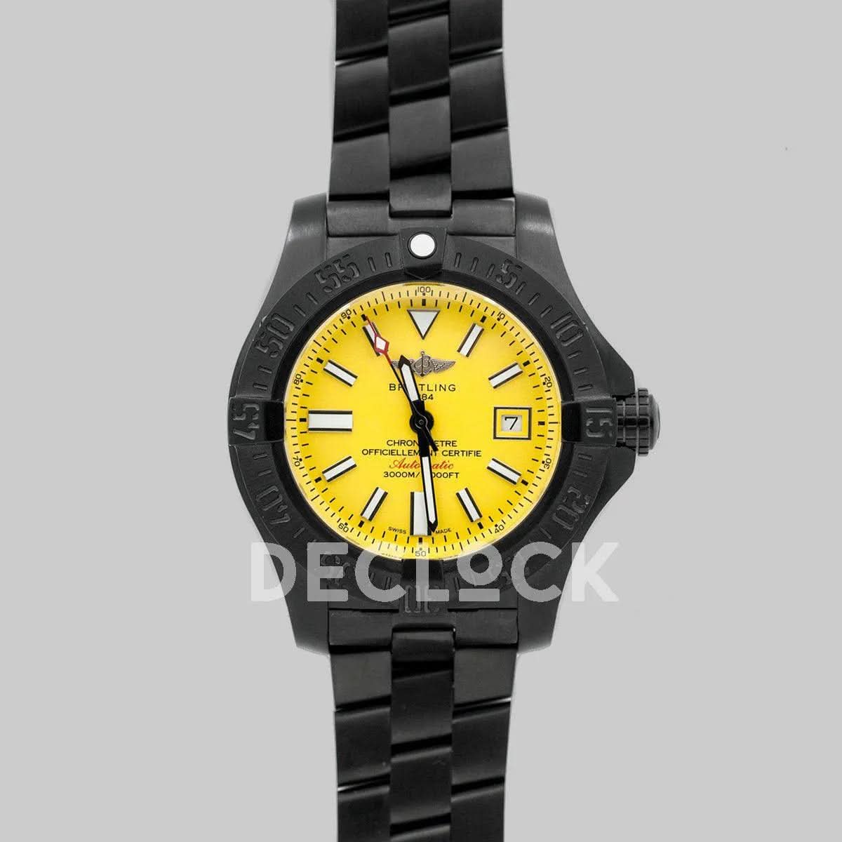 Replica Breitling Avenger II Seawolf Blacksteel Yellow Dial in DLC Steel on Bracelet