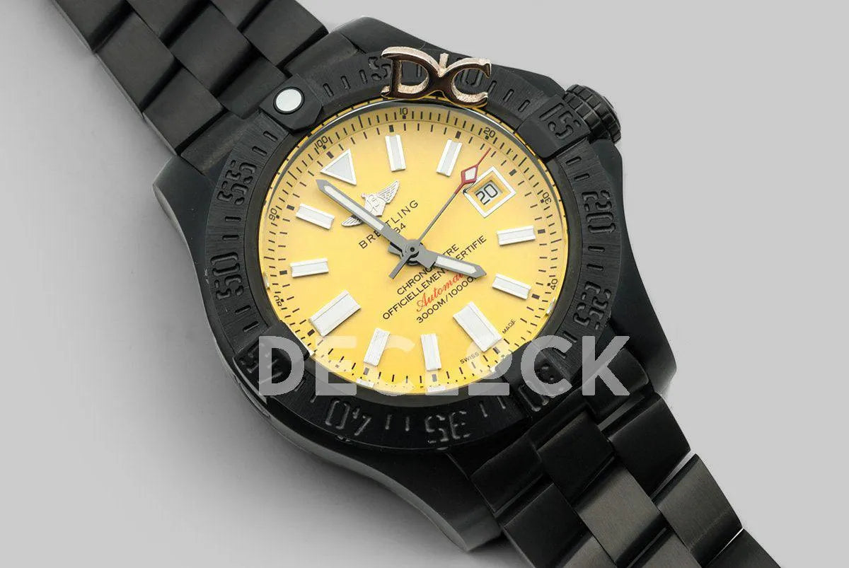 Replica Breitling Avenger II Seawolf Blacksteel Yellow Dial in DLC Steel on Bracelet - Replica Watches