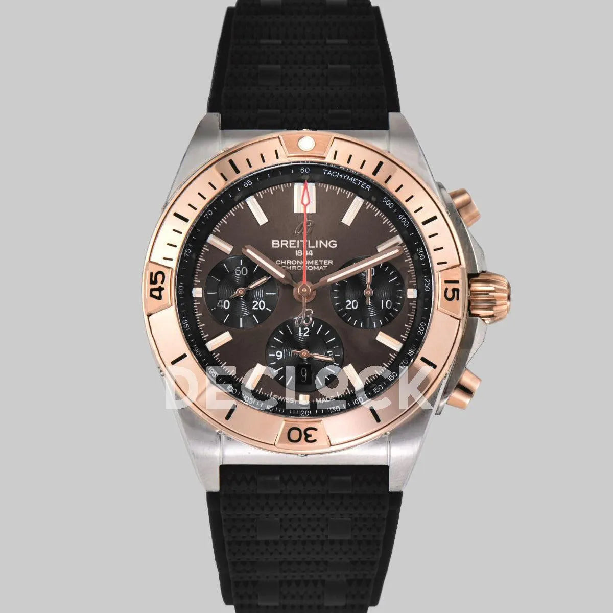 Replica Breitling Chronomat B01 Rose Gold/Steel in Brown Dial on Black Rubber Strap