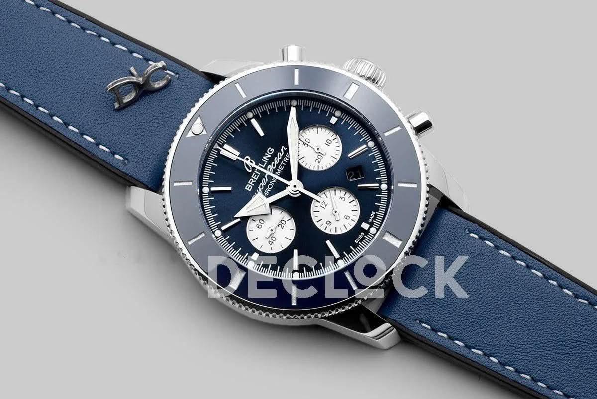 Replica Breitling Superocean Heritage II B01 Chronograph in Blue Dial on Steel on Blue Leather Strap |  Declock.
