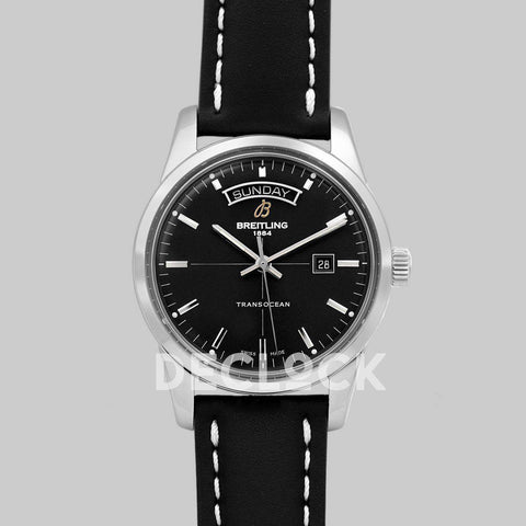 Replica Breitling Transoccean Day & Date Black Dial in Steel on Leather Strap - Replica Watches