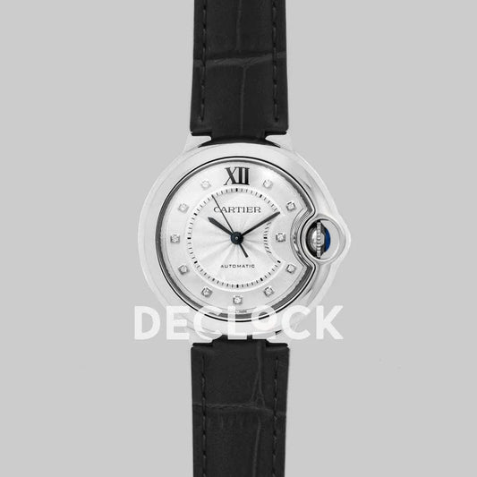Replica Cartier Ballon Bleu De Cartier 36mm Silver Dial with Diamond Markers in White Gold on Black Leather Strap |  Declock.