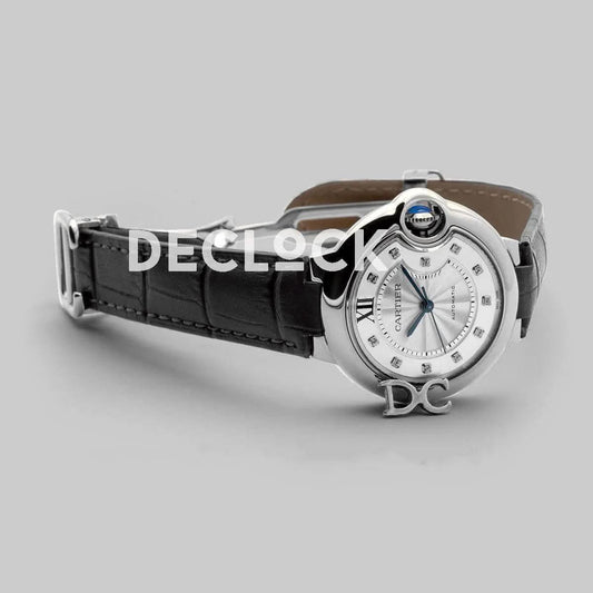 Replica Cartier Ballon Bleu De Cartier 36mm Silver Dial with Diamond Markers in White Gold on Black Leather Strap |  Declock.