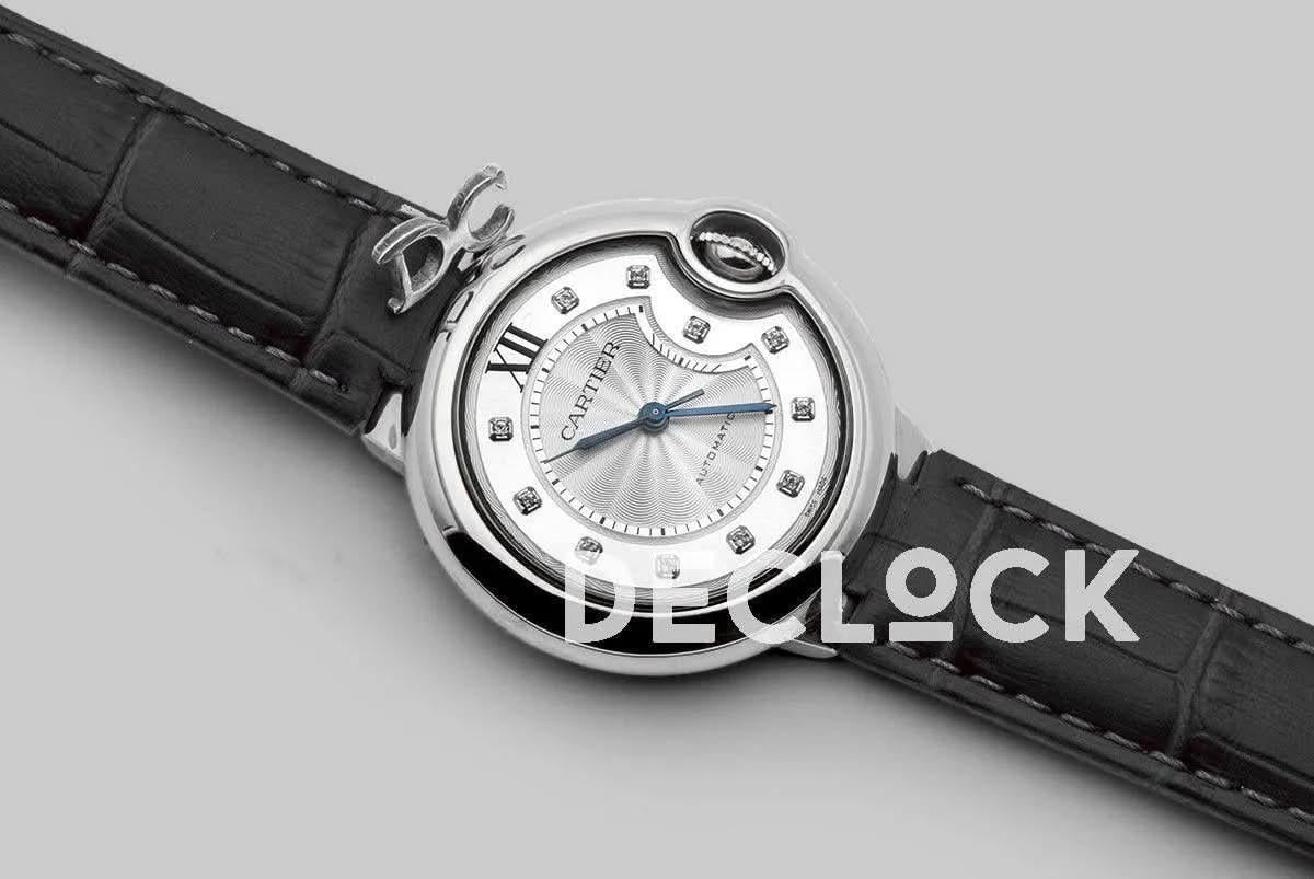 Replica Cartier Ballon Bleu De Cartier 36mm Silver Dial with Diamond Markers in White Gold on Black Leather Strap |  Declock.