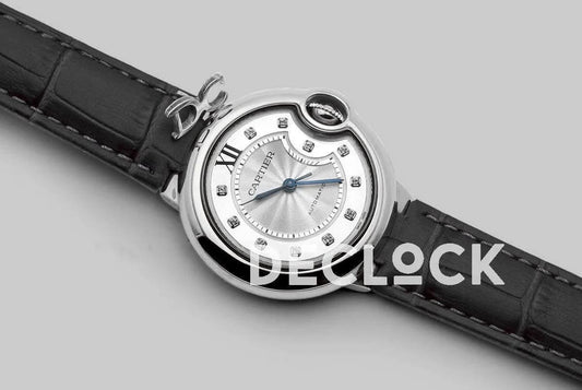 Replica Cartier Ballon Bleu De Cartier 36mm Silver Dial with Diamond Markers in White Gold on Black Leather Strap |  Declock.