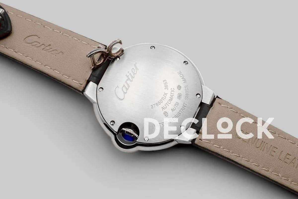 Replica Cartier Ballon Bleu De Cartier 36mm Silver Dial with Diamond Markers in White Gold on Black Leather Strap |  Declock.