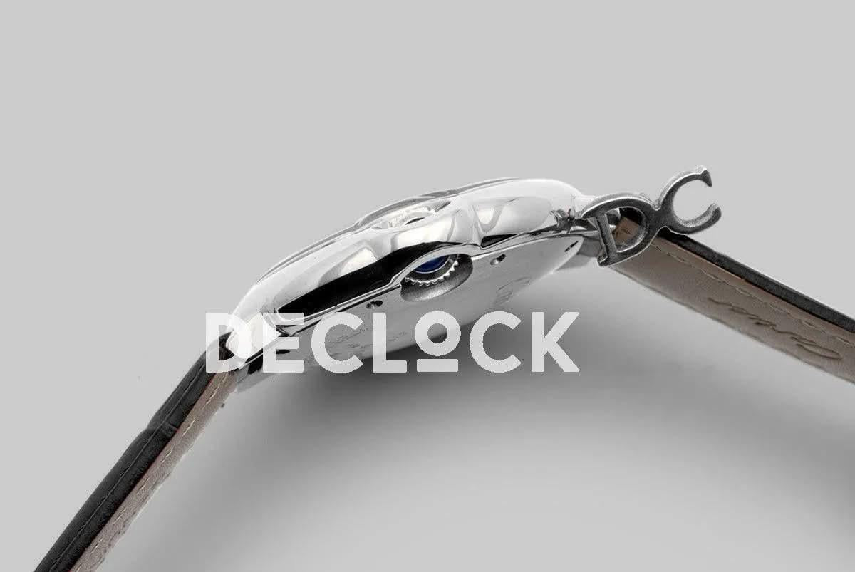 Replica Cartier Ballon Bleu De Cartier 36mm Silver Dial with Diamond Markers in White Gold on Black Leather Strap |  Declock.