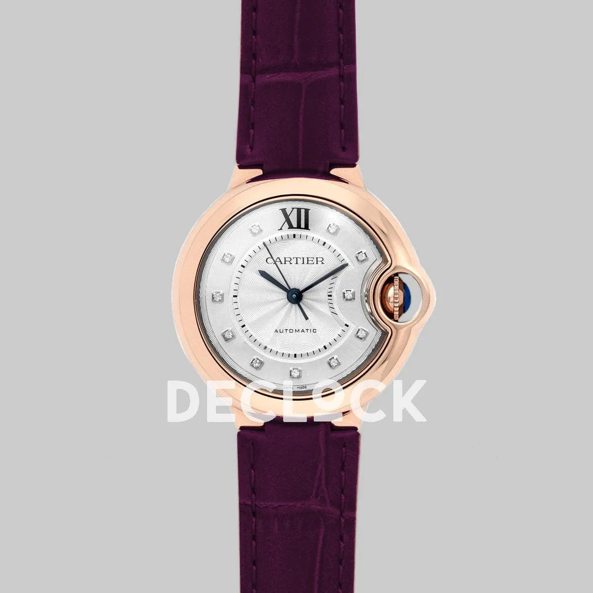 Replica Cartier Ballon Bleu De Cartier 36mm White Dial with Diamond Markers in Pink Gold on Purple Leather Strap