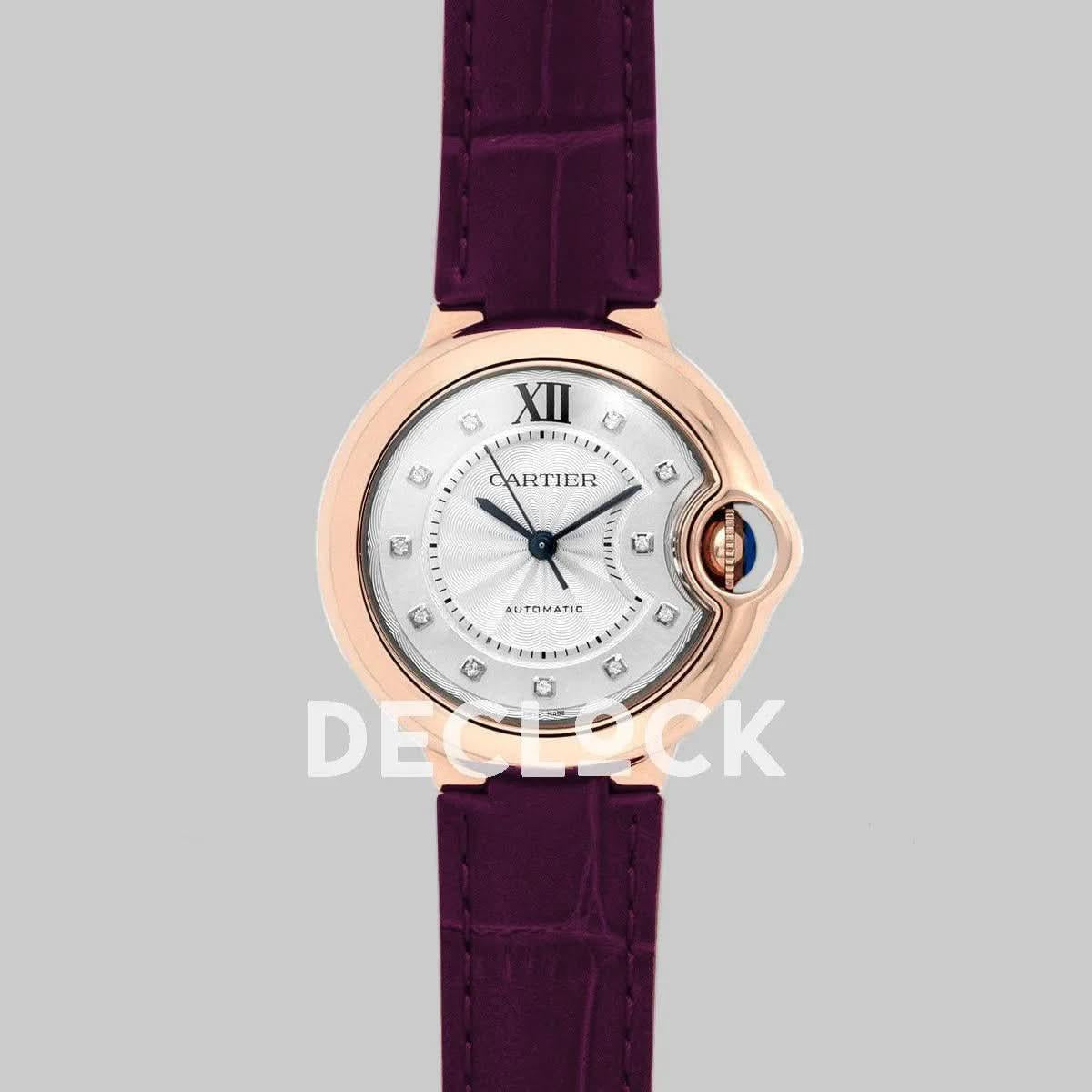 Replica Cartier Ballon Bleu De Cartier 36mm White Dial with Diamond Markers in Pink Gold on Purple Leather Strap |  Declock.