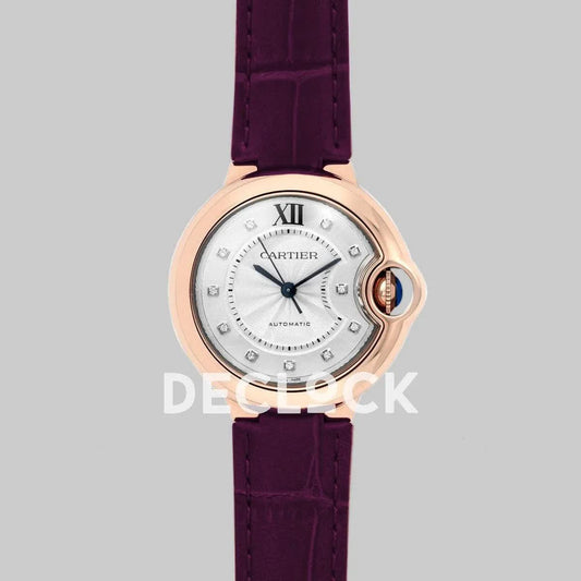 Replica Cartier Ballon Bleu De Cartier 36mm White Dial with Diamond Markers in Pink Gold on Purple Leather Strap |  Declock.