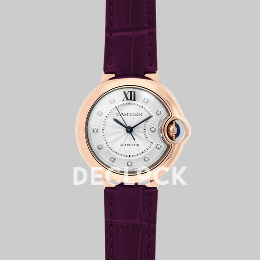 Replica Cartier Ballon Bleu De Cartier 36mm White Dial with Diamond Markers in Pink Gold on Purple Leather Strap - Replica Watches