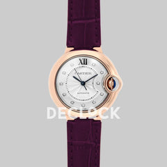 Replica Cartier Ballon Bleu De Cartier 36mm White Dial with Diamond Markers in Pink Gold on Purple Leather Strap