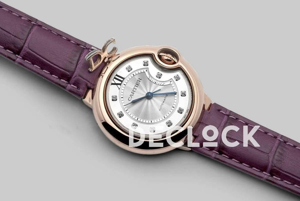 Replica Cartier Ballon Bleu De Cartier 36mm White Dial with Diamond Markers in Pink Gold on Purple Leather Strap |  Declock.