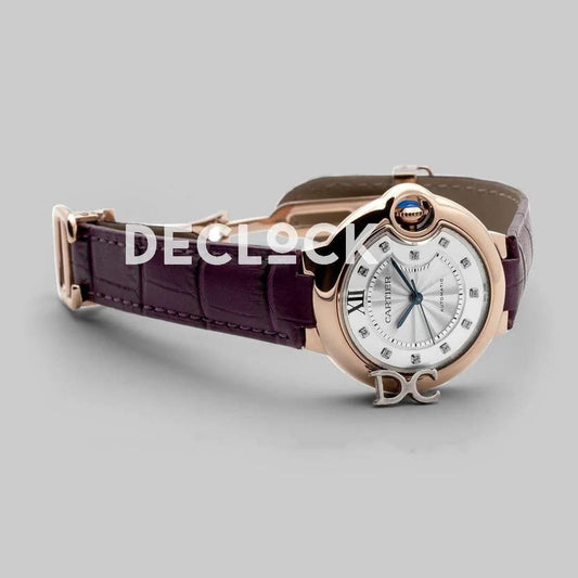 Replica Cartier Ballon Bleu De Cartier 36mm White Dial with Diamond Markers in Pink Gold on Purple Leather Strap | Declock.