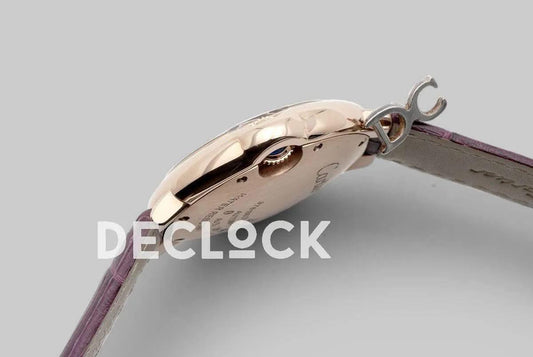 Replica Cartier Ballon Bleu De Cartier 36mm White Dial with Diamond Markers in Pink Gold on Purple Leather Strap |  Declock.