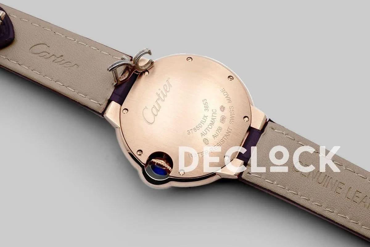 Replica Cartier Ballon Bleu De Cartier 36mm White Dial with Diamond Markers in Pink Gold on Purple Leather Strap |  Declock.