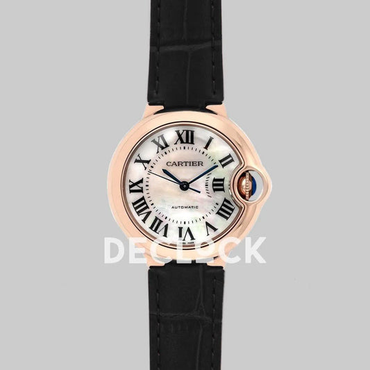 Replica Cartier Ballon Bleu De Cartier 36mm White Dial with Roman Numeral Markers in Rose Gold on Black Leather Strap | Declock.