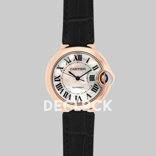 Replica Cartier Ballon Bleu De Cartier 36mm White Dial with Roman Numeral Markers in Rose Gold on Black Leather Strap - Replica Watches