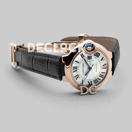 Replica Cartier Ballon Bleu De Cartier 36mm White Dial with Roman Numeral Markers in Rose Gold on Black Leather Strap |  Declock.