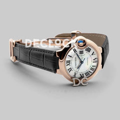 Replica Cartier Ballon Bleu De Cartier 36mm White Dial with Roman Numeral Markers in Rose Gold on Black Leather Strap