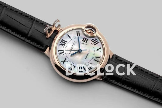Replica Cartier Ballon Bleu De Cartier 36mm White Dial with Roman Numeral Markers in Rose Gold on Black Leather Strap | Declock.