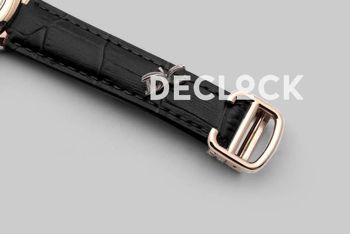 Replica Cartier Ballon Bleu De Cartier 36mm White Dial with Roman Numeral Markers in Rose Gold on Black Leather Strap |  Declock.