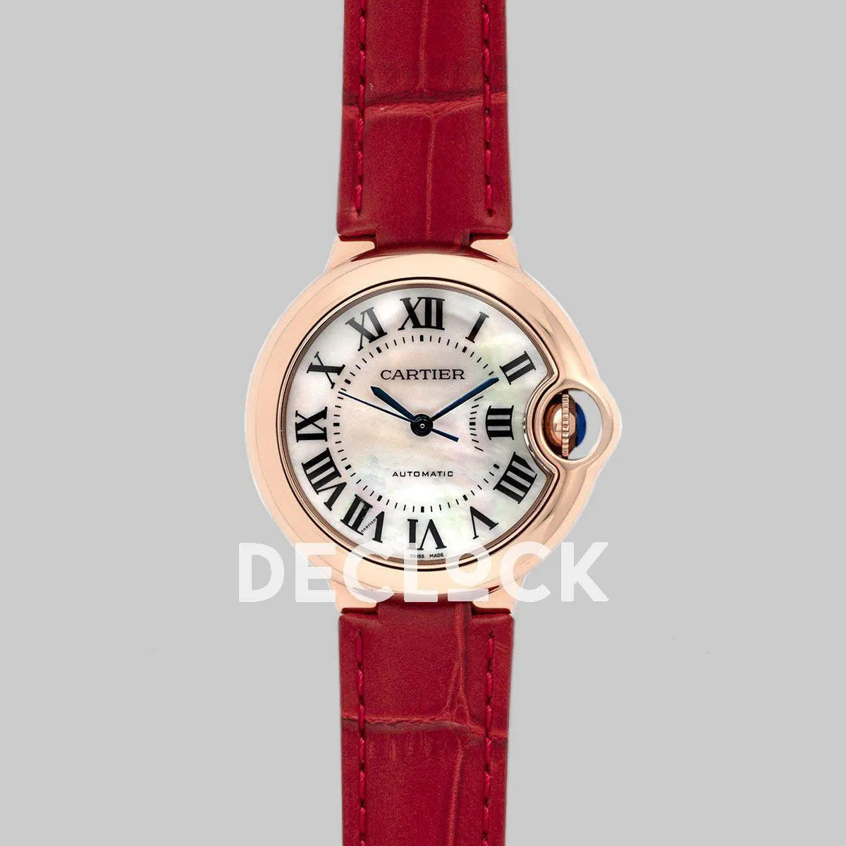 Replica Cartier Ballon Bleu De Cartier 36mm White Dial with Roman Numeral Markers in Rose Gold on Red Leather Strap - Replica Watches