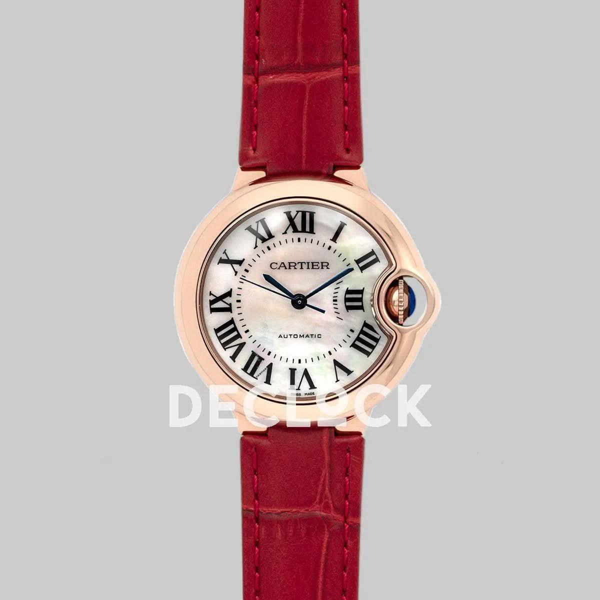 Replica Cartier Ballon Bleu De Cartier 36mm White Dial with Roman Numeral Markers in Rose Gold on Leather Strap |  Declock.