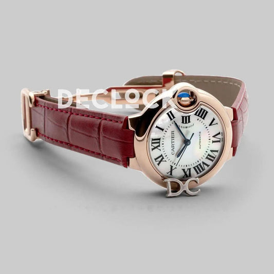 Replica Cartier Ballon Bleu De Cartier 36mm White Dial with Roman Numeral Markers in Rose Gold on Leather Strap |  Declock.