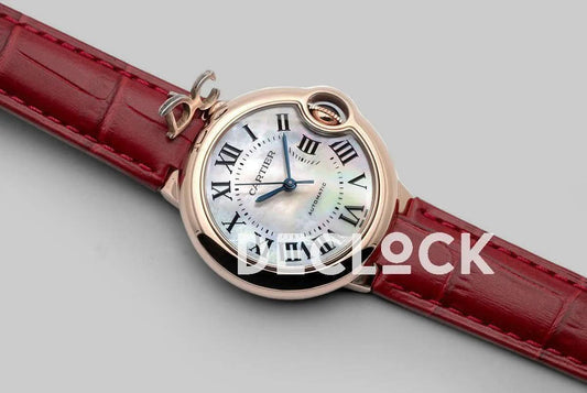 Replica Cartier Ballon Bleu De Cartier 36mm White Dial with Roman Numeral Markers in Rose Gold on Leather Strap |  Declock.
