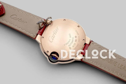 Replica Cartier Ballon Bleu De Cartier 36mm White Dial with Roman Numeral Markers in Rose Gold on Leather Strap |  Declock.