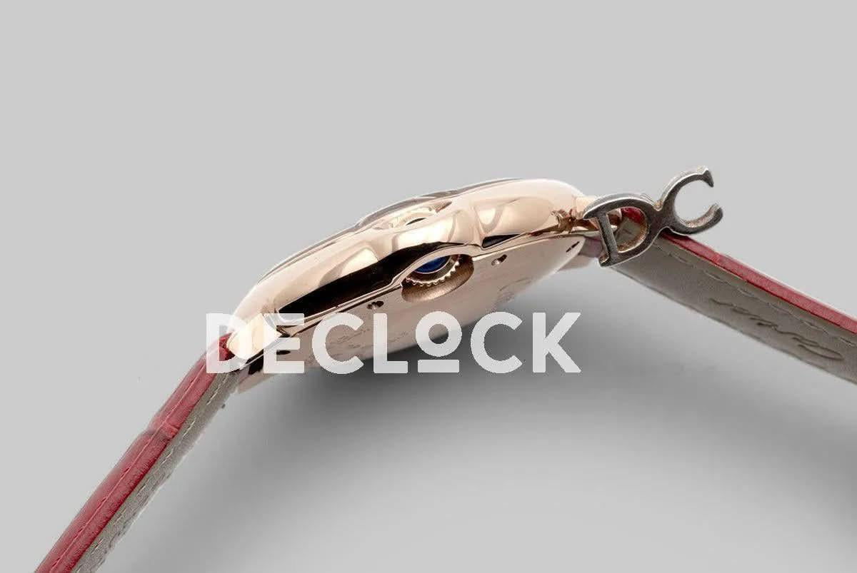 Replica Cartier Ballon Bleu De Cartier 36mm White Dial with Roman Numeral Markers in Rose Gold on Leather Strap |  Declock.