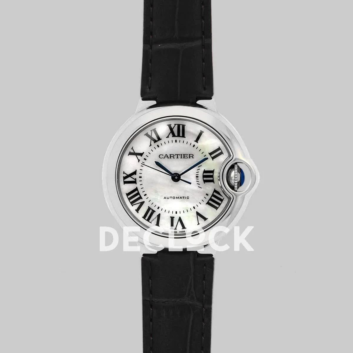 Replica Cartier Ballon Bleu De Cartier 36mm White Dial with Roman Numeral Markers in White Gold on Black Leather Strap |  Declock.