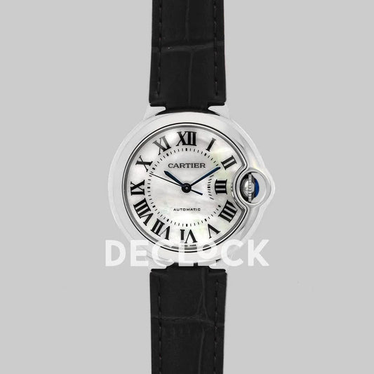 Replica Cartier Ballon Bleu De Cartier 36mm White Dial with Roman Numeral Markers in White Gold on Black Leather Strap |  Declock.