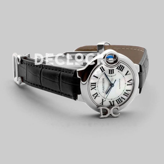 Replica Cartier Ballon Bleu De Cartier 36mm White Dial with Roman Numeral Markers in White Gold on Black Leather Strap | Declock.