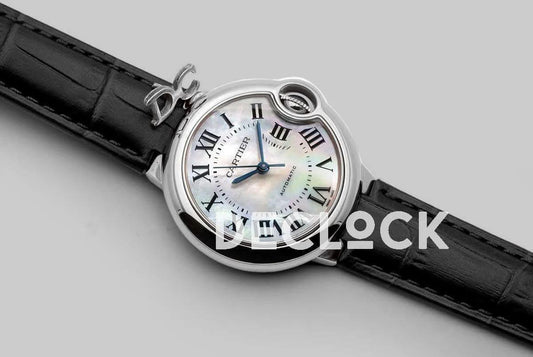 Replica Cartier Ballon Bleu De Cartier 36mm White Dial with Roman Numeral Markers in White Gold on Black Leather Strap |  Declock.
