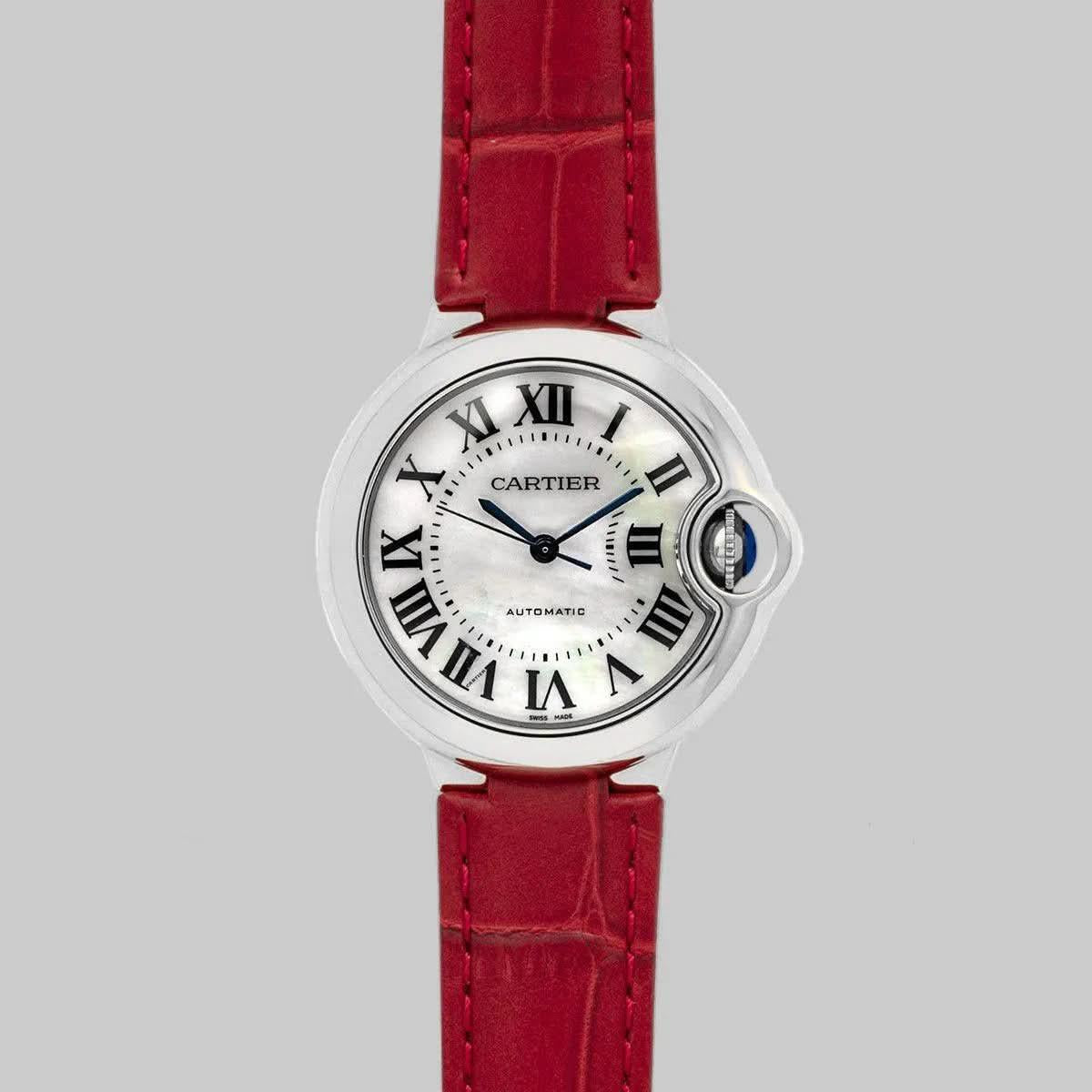 Replica Cartier Ballon Bleu De Cartier 36mm White Dial with Roman Numeral Markers in White Gold on Red Leather Strap |  Declock.