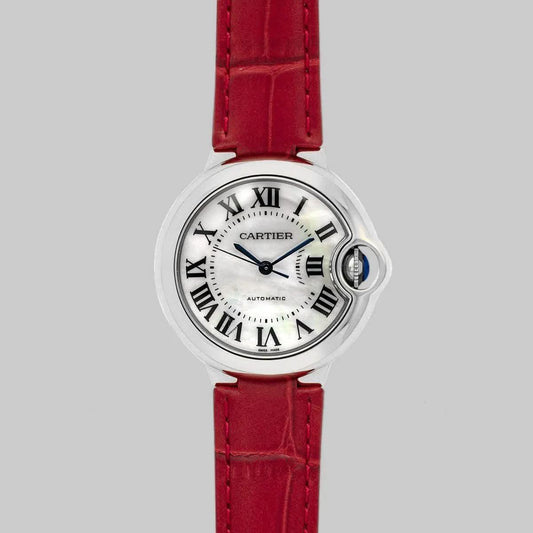 Replica Cartier Ballon Bleu De Cartier 36mm White Dial with Roman Numeral Markers in White Gold on Red Leather Strap |  Declock.
