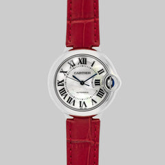 Replica Cartier Ballon Bleu De Cartier 36mm White Dial with Roman Numeral Markers in White Gold on Red Leather Strap